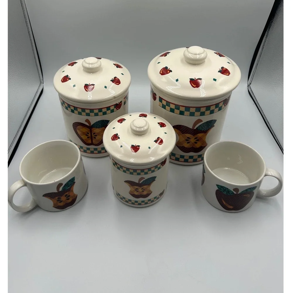 Vintage Tabletops Unlimited A is for Apple Canister Set and Mugs 5pc Kitchen